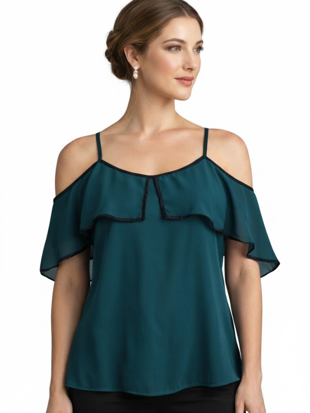 Vertiche Teal Cold Shoulder Ruffle Blouse Sheer Adjustable Strap Small